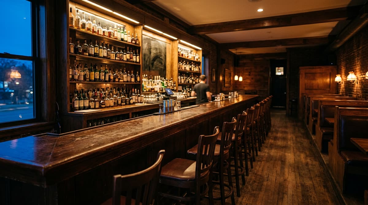 Wide view of a dim neighborhood bar at dusk with a long wooden counter and empty stools.