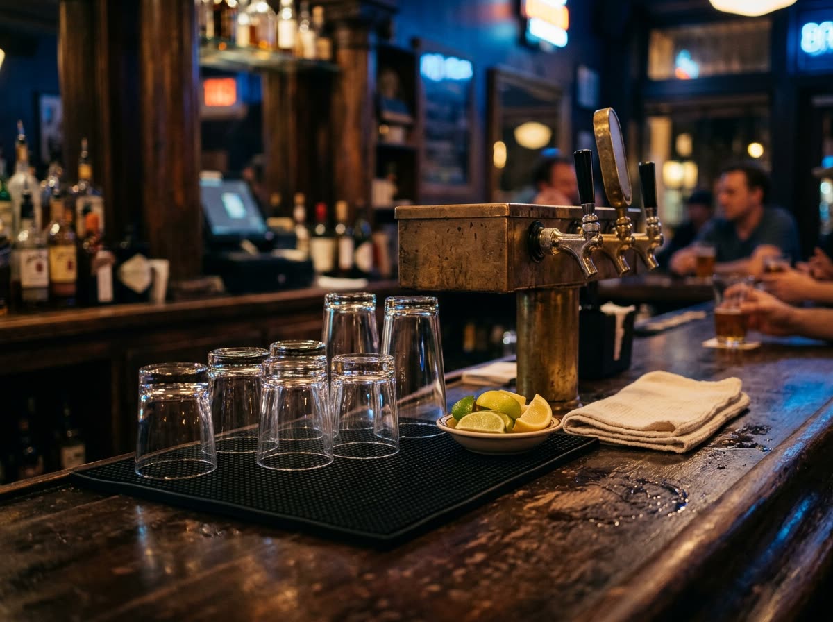 Close view of clean glassware and brass tap handles along a bar rail.