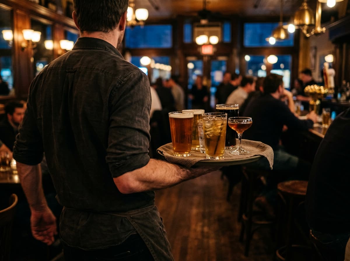 A server carries a tray of drinks through a bar room, seen from behind.