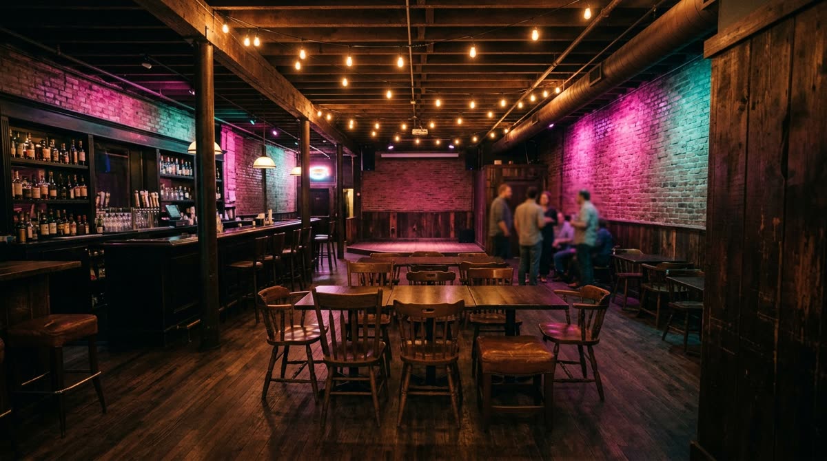 Wide view of a bar room set for a theme night with colored lights and joined tables.