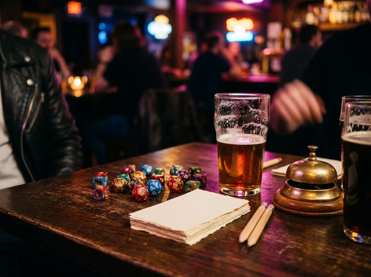 Close view of a bar table with dice, blank score cards, pencils and glasses in colored light.