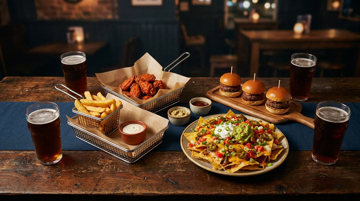 Overhead view of a bar table covered with shared plates of wings, fries and sliders.