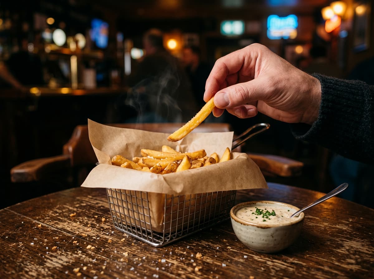 Close view of a hand lifting a fry from a basket beside a bowl of dipping sauce.