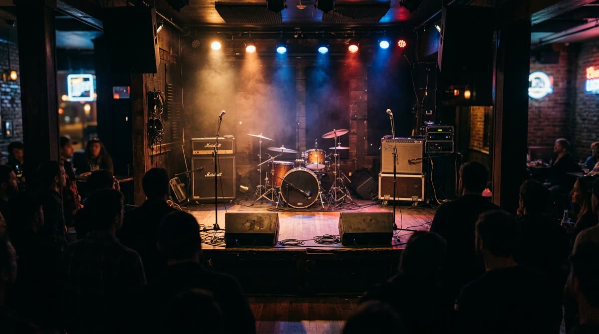 Wide view of a small bar stage with amps, a drum kit and mic stands under colored light.