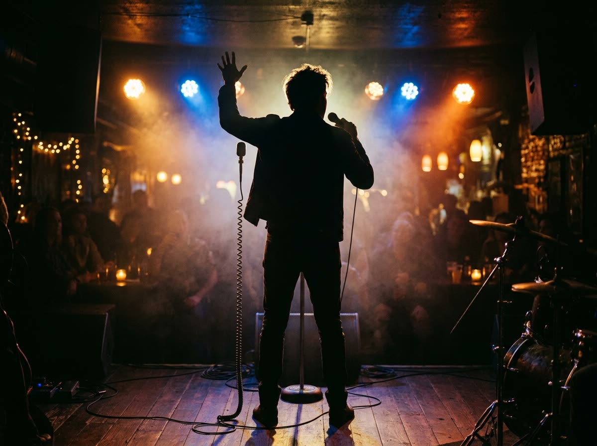A singer stands at the microphone in silhouette with their back to the camera.