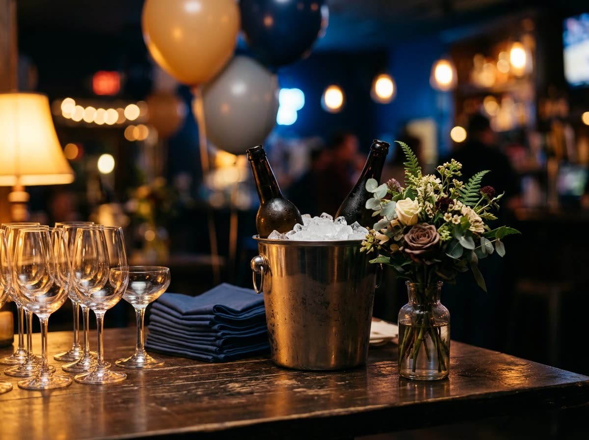 Close view of place settings, an ice bucket of bottles and plain balloons.
