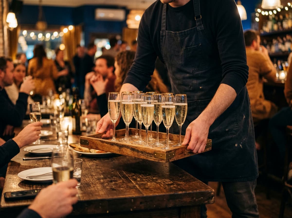 A person sets a tray of champagne flutes on a party table with the face out of frame.